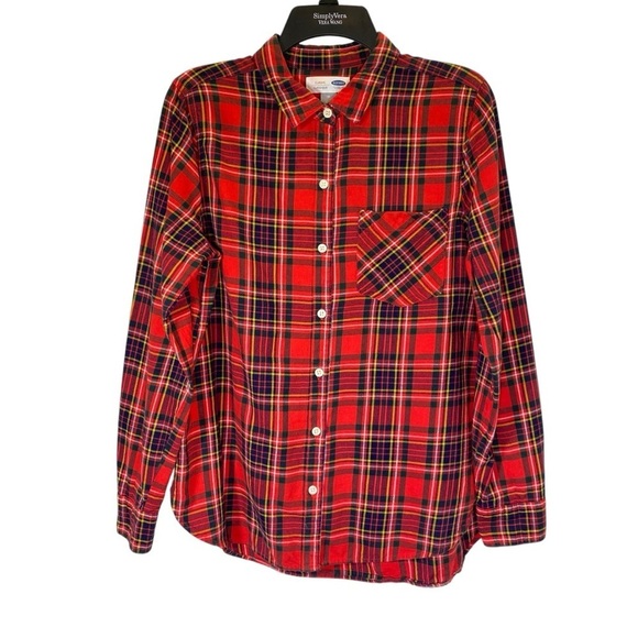 OLD NAVY Women's size M Classic Red Plaid Flannel Button Down Shirt, Long Sleeve - Picture 2 of 6